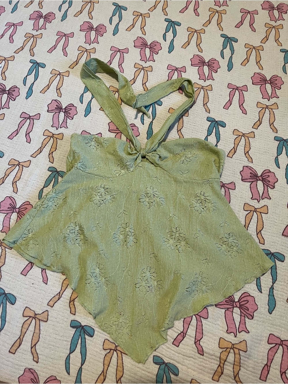 Light Green Embroidered Halter Tie-Front Camisole